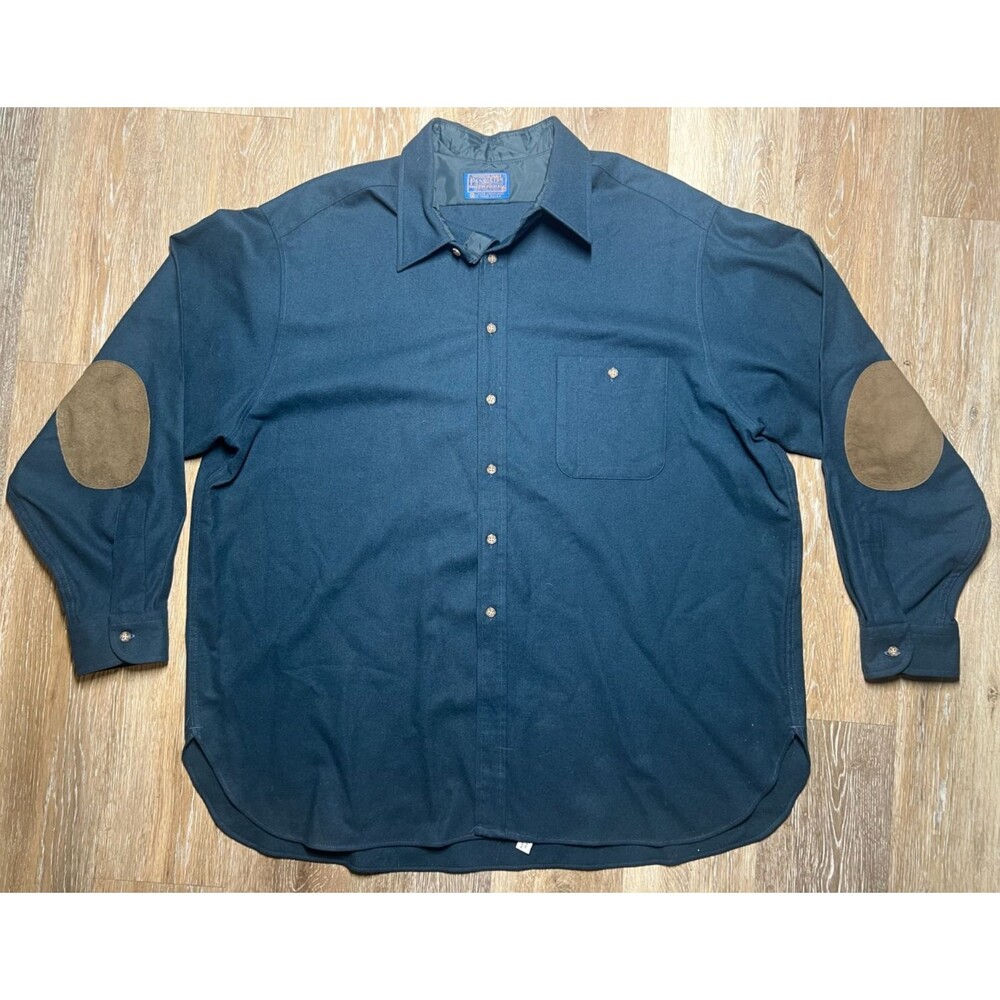 Vintage Pendleton Button Shirt Size 2XL Blue 100% Virgin Wool Elbow Patches